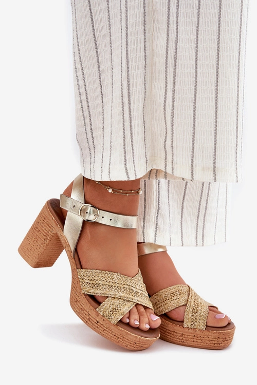 Skórzane Sandały Na Słupku Z Plecionką Na Paskach Zazoo 40460 Złote