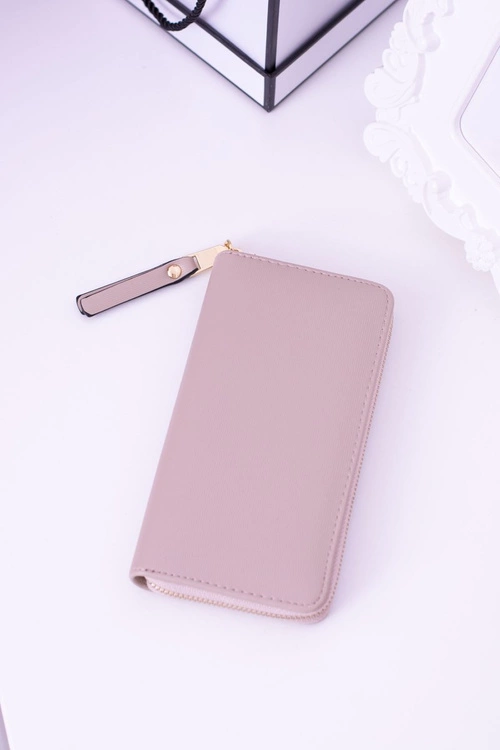 Duży Damski Prążkowany Beżowy Portfel Złote Okucia