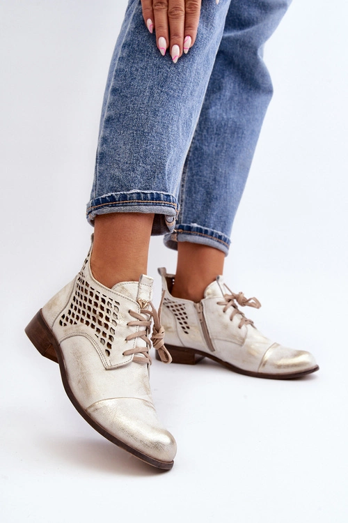 Zazoo 2878 Niskie Ażurowe Botki Skórzane Damskie Srebrne