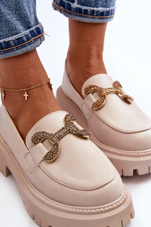 Mokasyny Damskie Z Ozdobą Jasnobeżowe Gargi