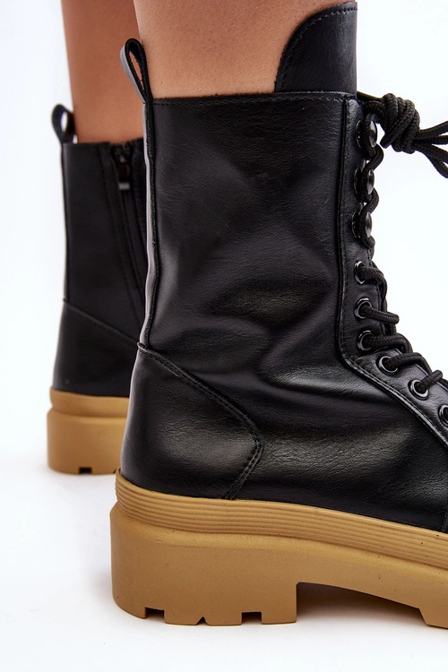 Botki Workery Damskie Ekoskóra Czarne Irande - Jasna Podeszwa