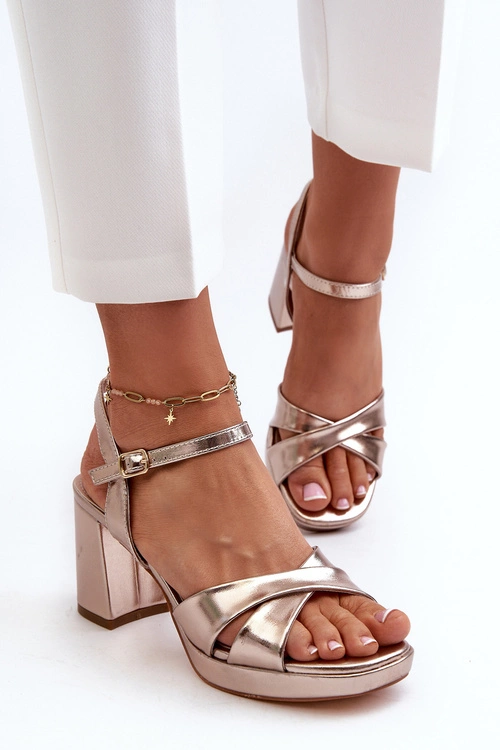 Sandały Damskie Na Obcasie Słupku Eko Skórzane Złote Jatine