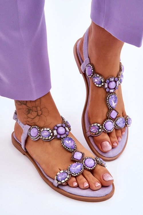 Zamszowe Płaskie Sandały Z Kamieniami Fioletowe Dallas