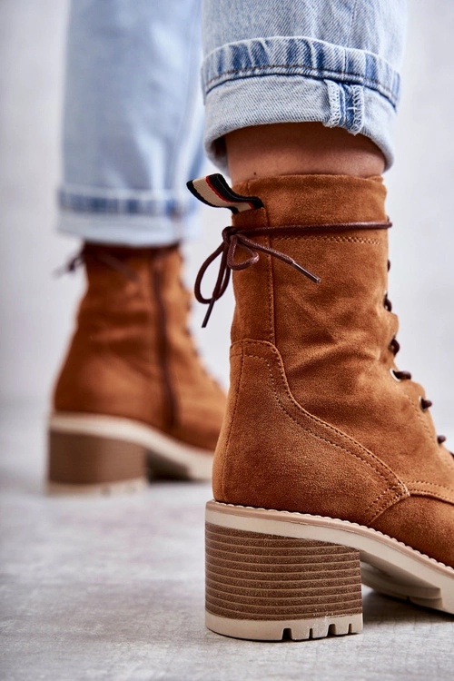 Damskie Ocieplane Botki Trapery Na Obcasie Camel Julieta