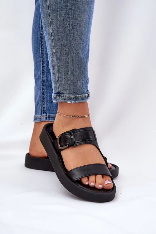 Skórzane Klapki Damskie Na Platformie Zazoo 3024 Czarne