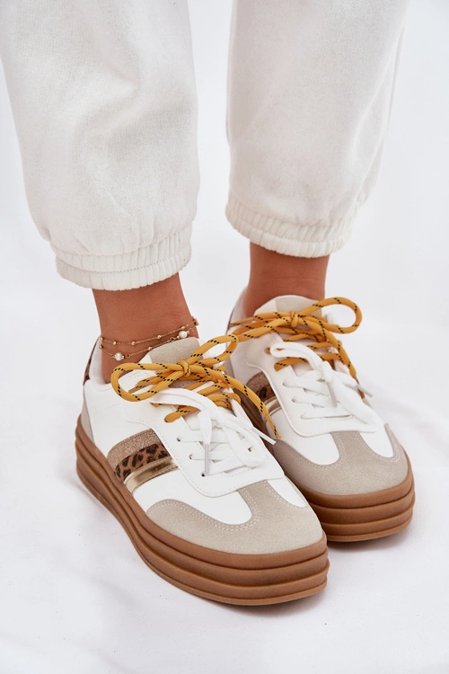 Sneakersy Damskie Na Platformie Z Podwójnym Sznurowaniem Panterka Białe Niteria