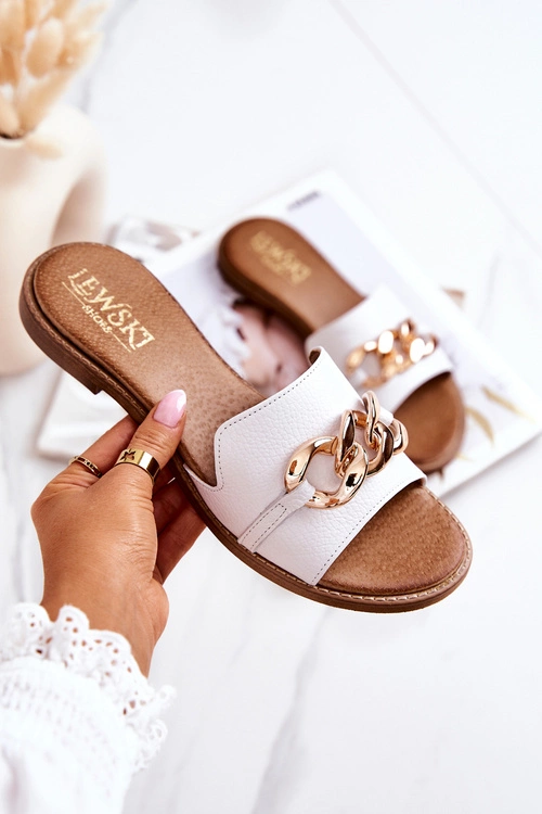 Skórzane Klapki Łańcuch Lewski 3052 Białe