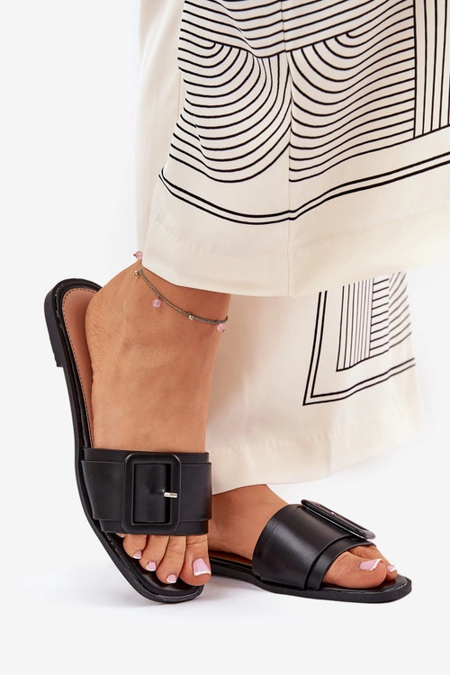 Płaskie Klapki Damskie Eko Skórzane Z Klamrą Czarne Bamma