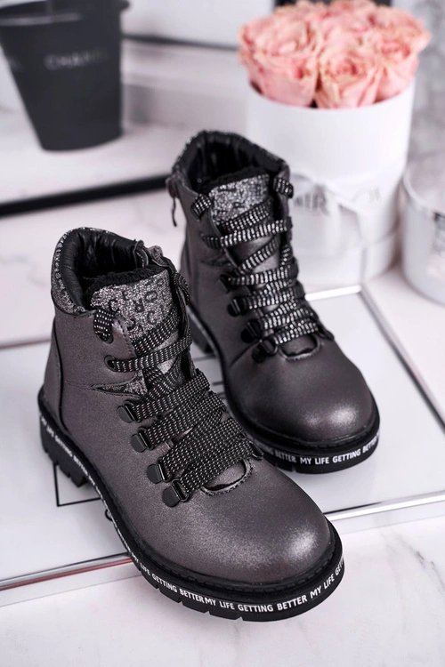 Dziecięce młodzieżowe botki z kożuszkiem szare Snowflake