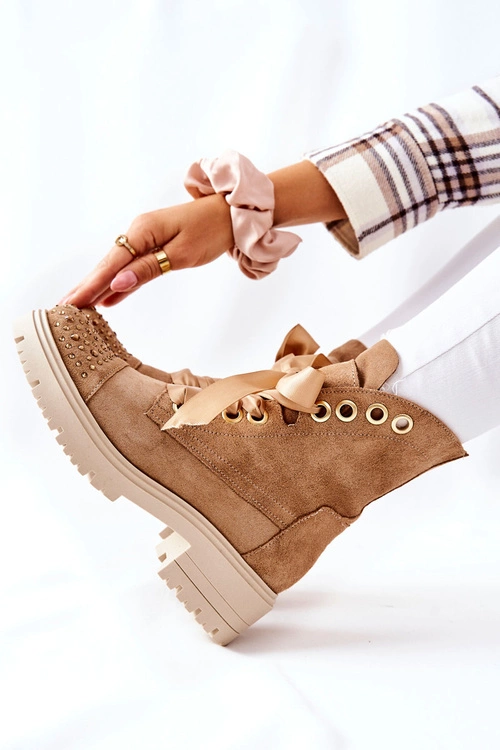 Zamszowe Botki Workery Lewski Shoes Wiązane 3069 Piaskowe