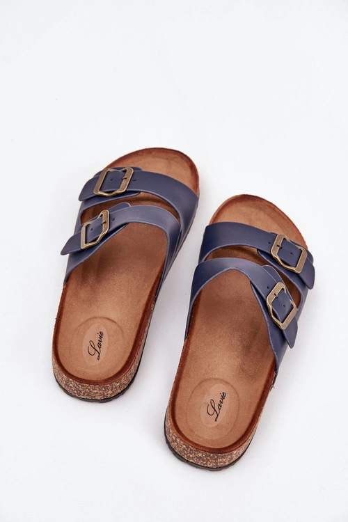 Damskie Klapki Na Korkowej Platformie Z Klamrami Granatowe Vesina