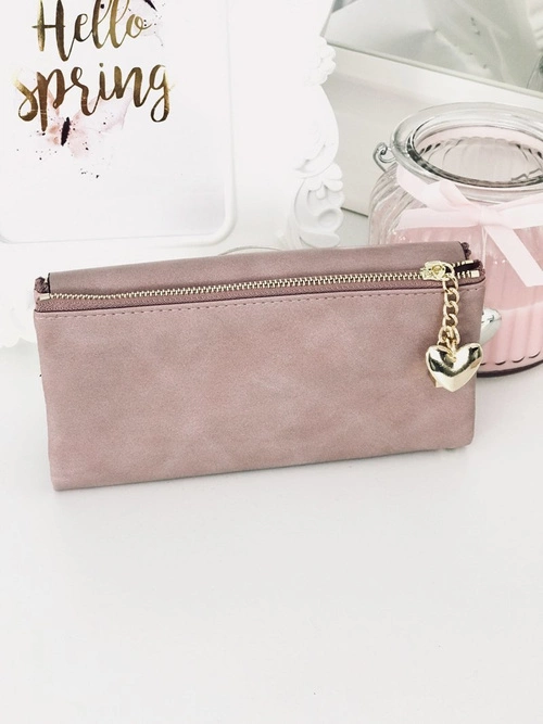 Duży Damski Portfel z Brelokiem Serduszko Pudrowy Róż