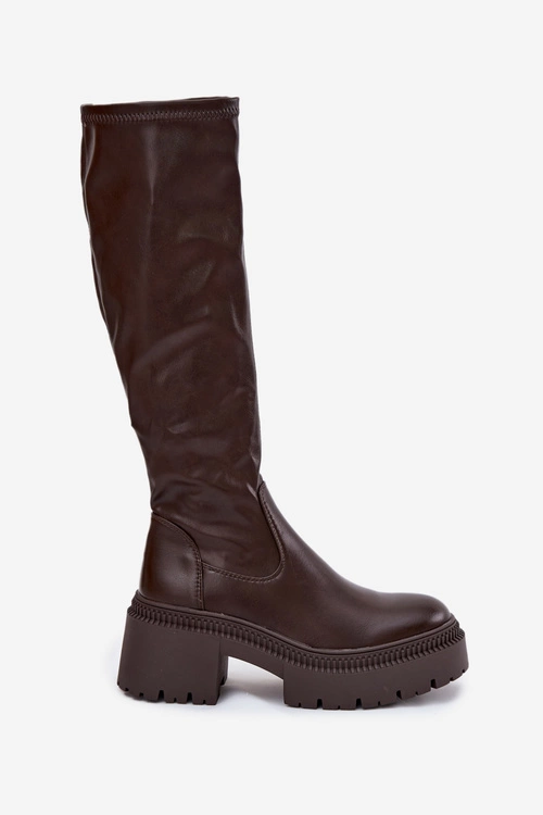 Kozaki Damskie Na Masywnym Obcasie I Platformie Wsuwane Brązowe Florinne