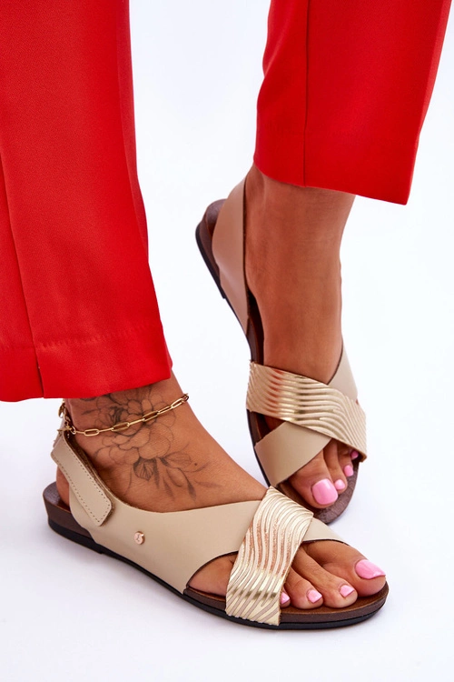 Skórzane Sandały Na Rzep Złoto-Beżowe Lemar Addison