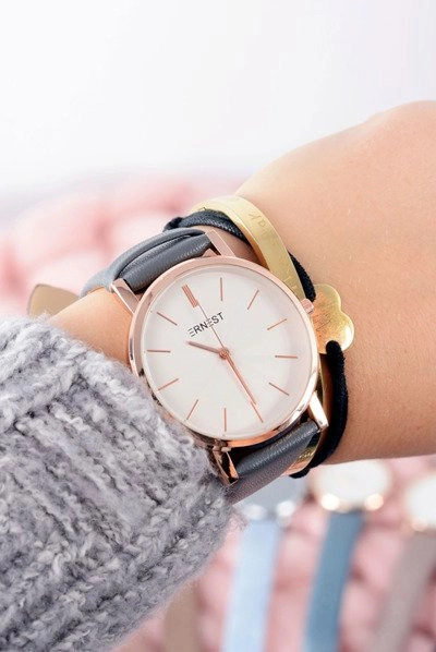 Szary Elegancki Skórzany Damski Zegarek Ernest