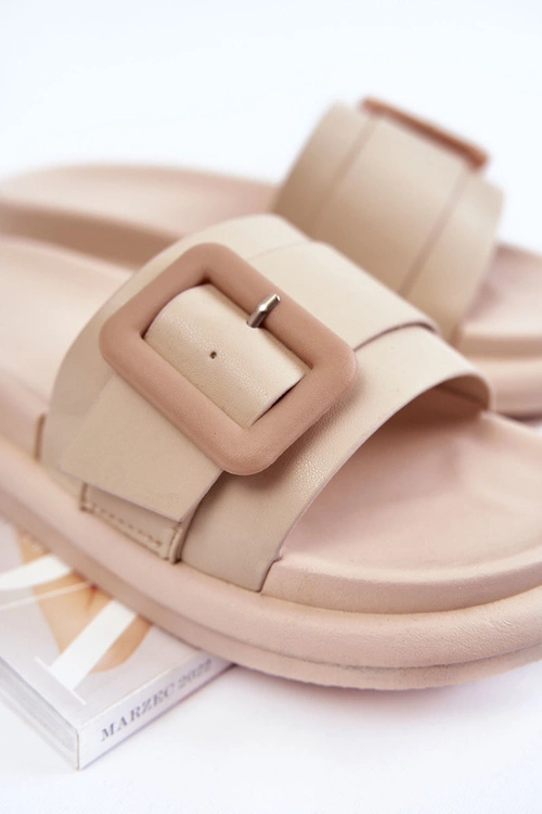 Damskie Skórzane Klapki Z Klamrą Beżowe Devia