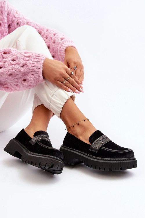 Damskie Welurowe Mokasyny Z Ozdobą Czarne Wendreda