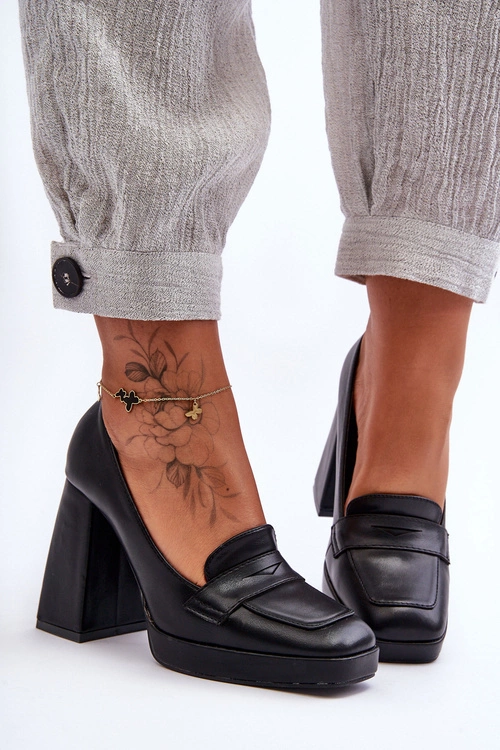 Czółenka Skórzane Na Wysokim Obcasie Czarne Alisa