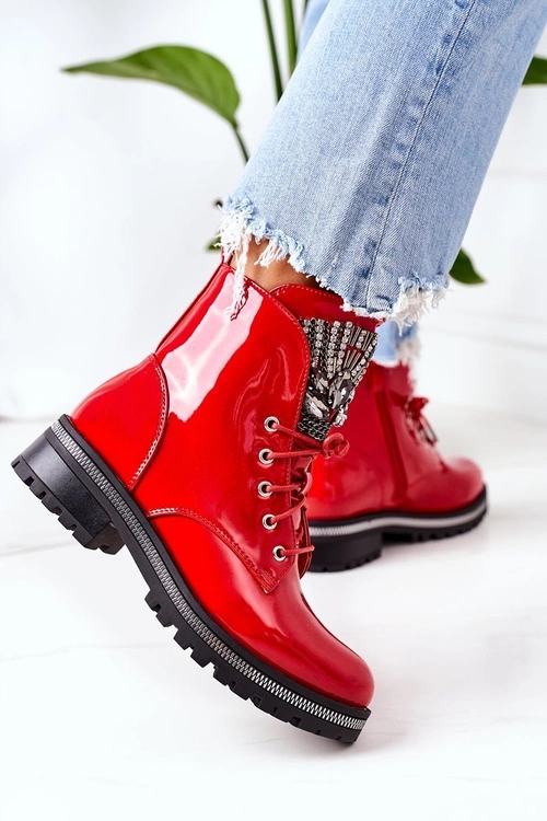 Lakierowane Ocieplane Workery Z Cyrkoniami Czerwone Attention