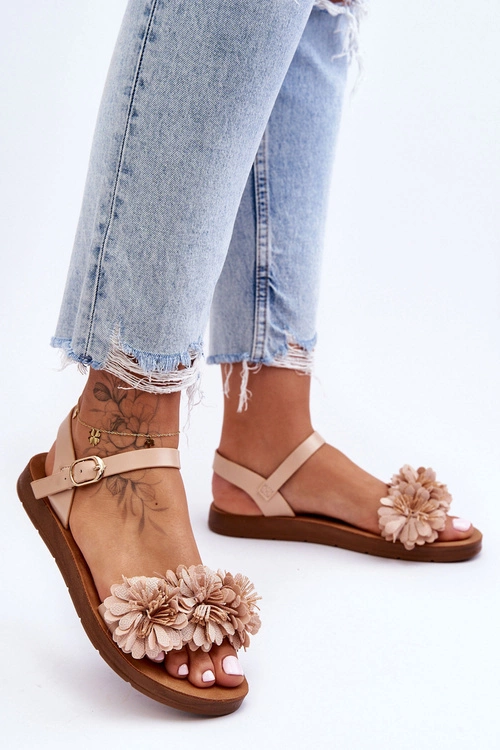 Damskie Sandały Z Materiałowymi Kwiatami Beżowe Fiori