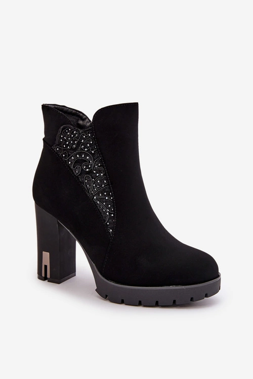 Ocieplane Botki Damskie Na Wysokim Słupku Z Haftem Czarne Verissae