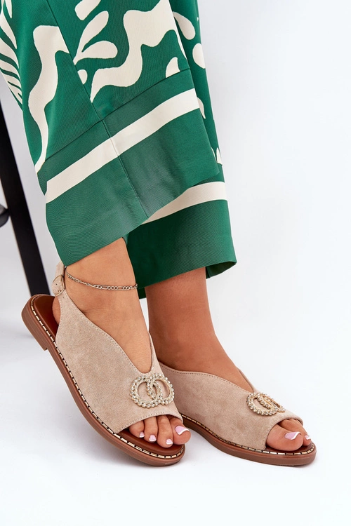 Sandały Damskie Z Ozdobą Na Płaskim Obcasie Eko Zamszowe Beżowe Ralisses