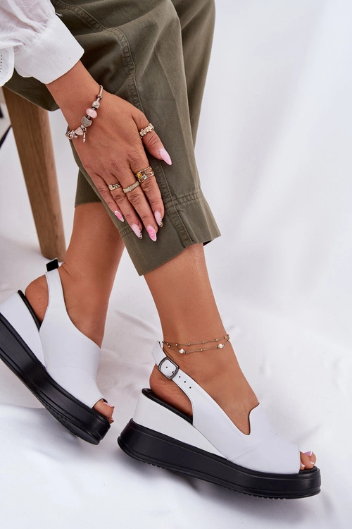 Skórzane Damskie Sandały Na Koturnie Artiker 52C0483 Białe