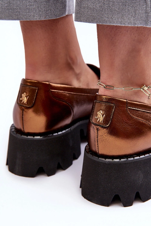 Damskie Skórzane Półbuty Loafersy Z Ozdobą Laura Messi 2699 Złote