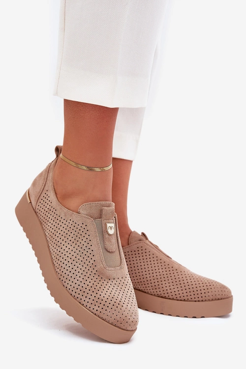 Półbuty Damskie Na Platformie Z Eko Zamszu Ciemnobeżowe Aviara