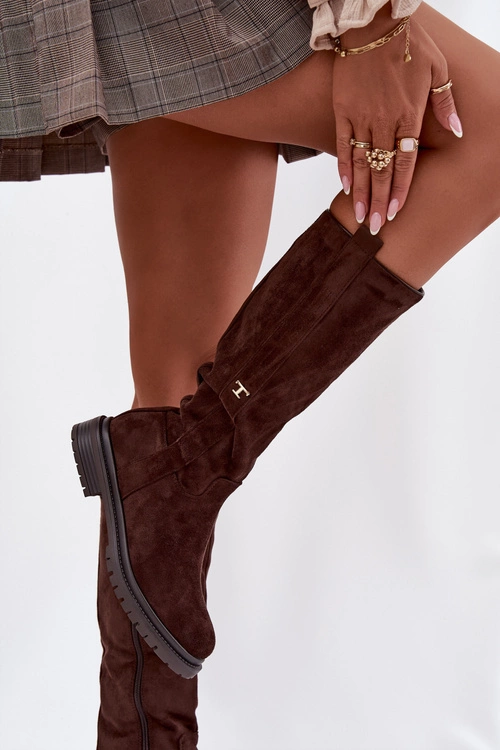 Kozaki Damskie Ocieplane Na płaskim Obcasie Eko Zamszowe Czekoladowe Delyssa