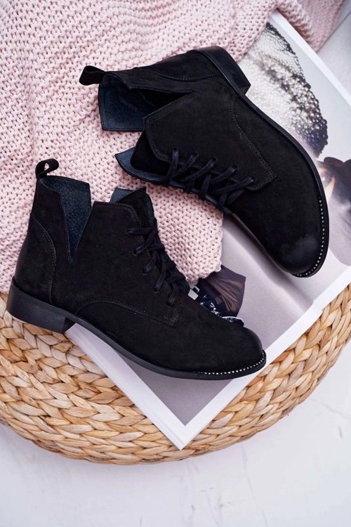 Botki Damskie Płaski Obcas Nubuk Czarne Nicole 2420