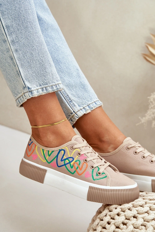 Trampki Tenisówki Damskie W Serca Ciemnobeżowe Fonirea