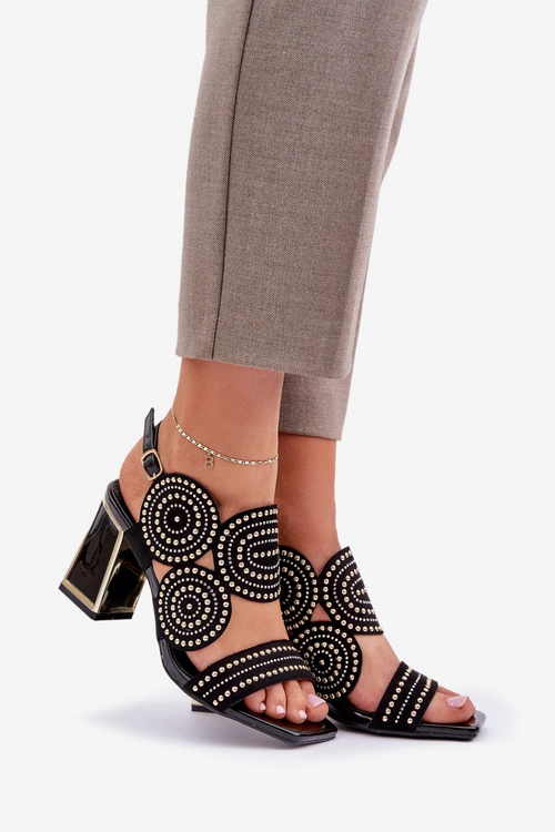 Zdobione Sandały Na Słupku Czarne Delariona
