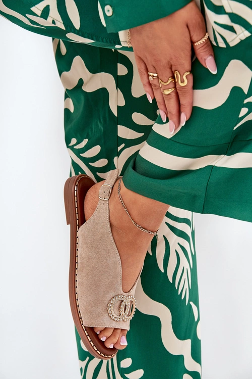 Sandały Damskie Z Ozdobą Na Płaskim Obcasie Eko Zamszowe Beżowe Ralisses