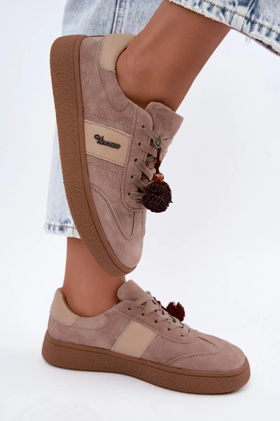 Skórzane Zamszowe Sneakersy Z Pomponami Vinceza 79682 Beżowe