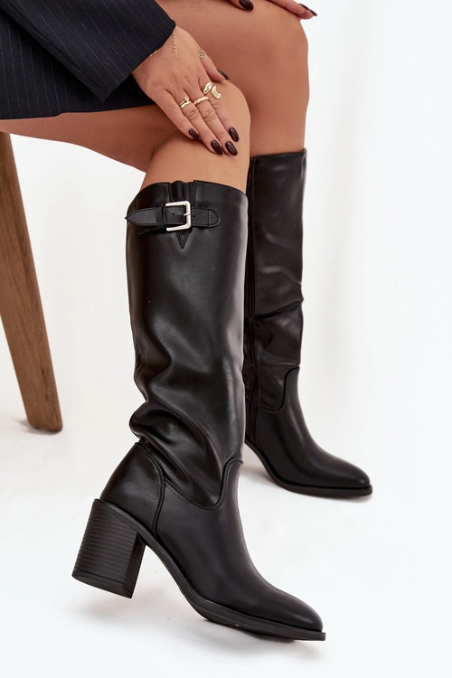 Kozaki Damskie Na Słupku Z Klamrą Czarne Brenira