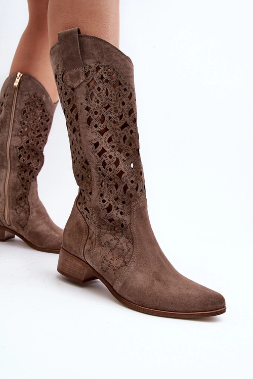 Zazoo 3403 Ażurowe Kozaki Damskie Na Niskim Obcasie Ciemnobeżowe