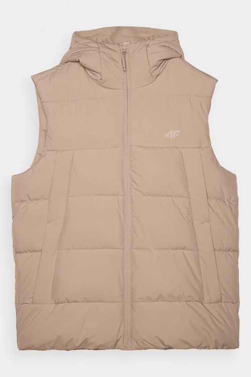 Bezrękawnik Puchowy Męski Z Kapturem 4FWAW24TVJAM144-83S Beżowy
