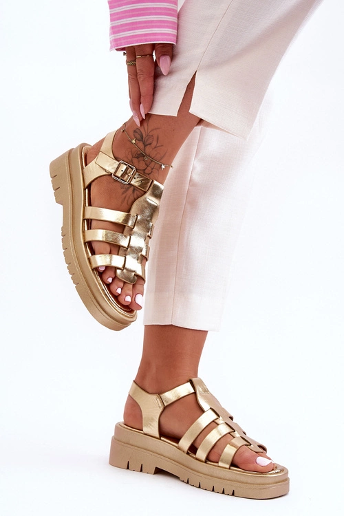 Skórzane Płaskie Sandały Z Paseczkami Złote Diosa