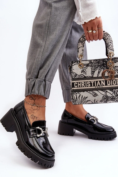 Damskie Lakierowane Półbuty Na Masywnym Obcasie Czarne Lemmitty