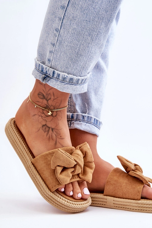 Damskie Zamszowe Klapki Z Kokardą Camel Fency