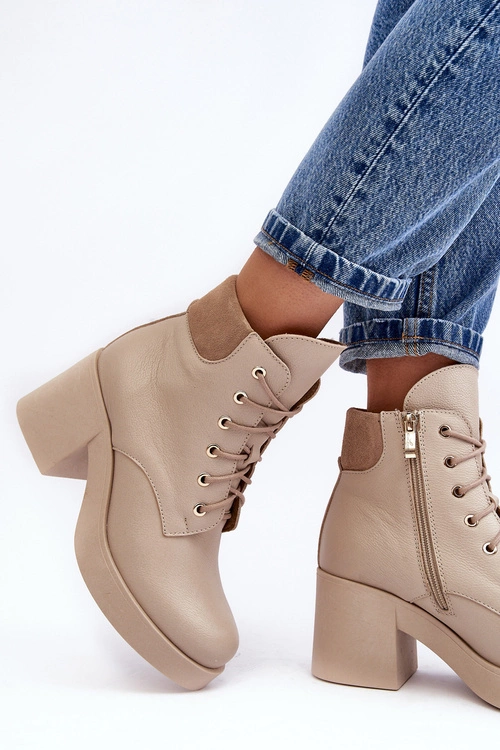 Skórzane Botki Damskie Na Słupku Beżowe Lemar Leocera