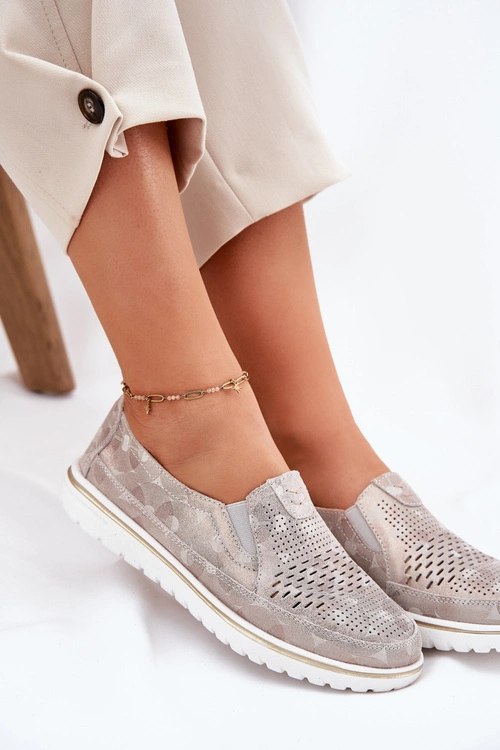 Zamszowe Półbuty Wsuwane Beżowo-Złote Inez