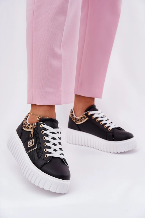 Buty Sportowe Damskie Na Platformie Z Eko Skóry Panterka Czarne Velionna