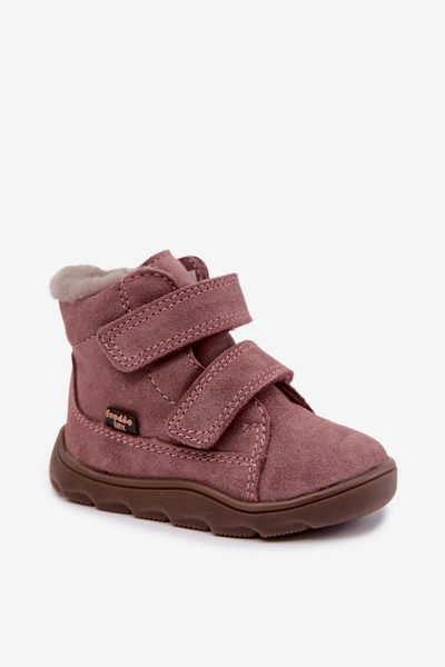 Skórzane Zamszowe Śniegowce Barefoot Dziecięce Froddo G2110151-5 Różowe