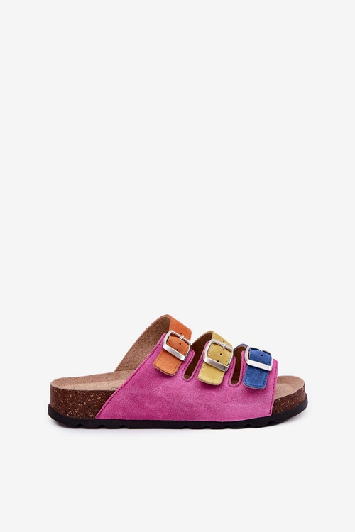 Zamszowe Klapki Damskie Z Klamrami Panto Fino RR267033 Fuksja