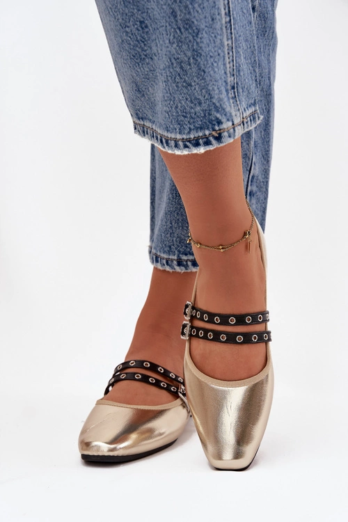 Baleriny Damskie Z Paskami Złote Deliora