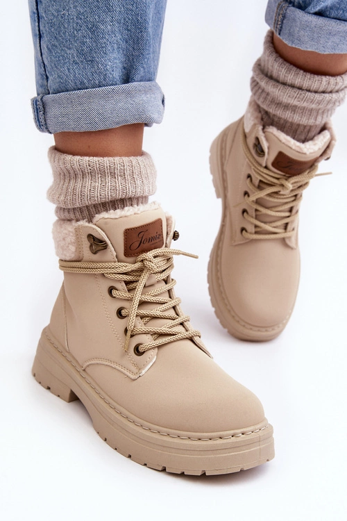 Trapery Damskie Skórzane Z Kożuchem Jasnobeżowe Lynnvia