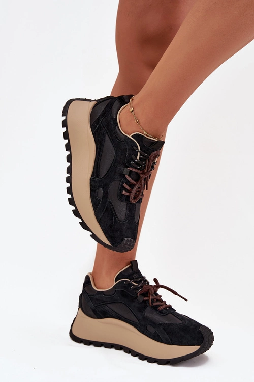 Skórzane Sneakersy Na Platformie Damskie Big Star SS274628 HI-POLY SYSTEM Czarne