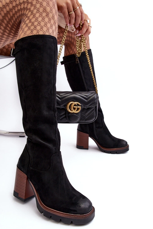 Damskie Kozaki Na Masywnym Słupku Ocieplane Czarne Alzeta